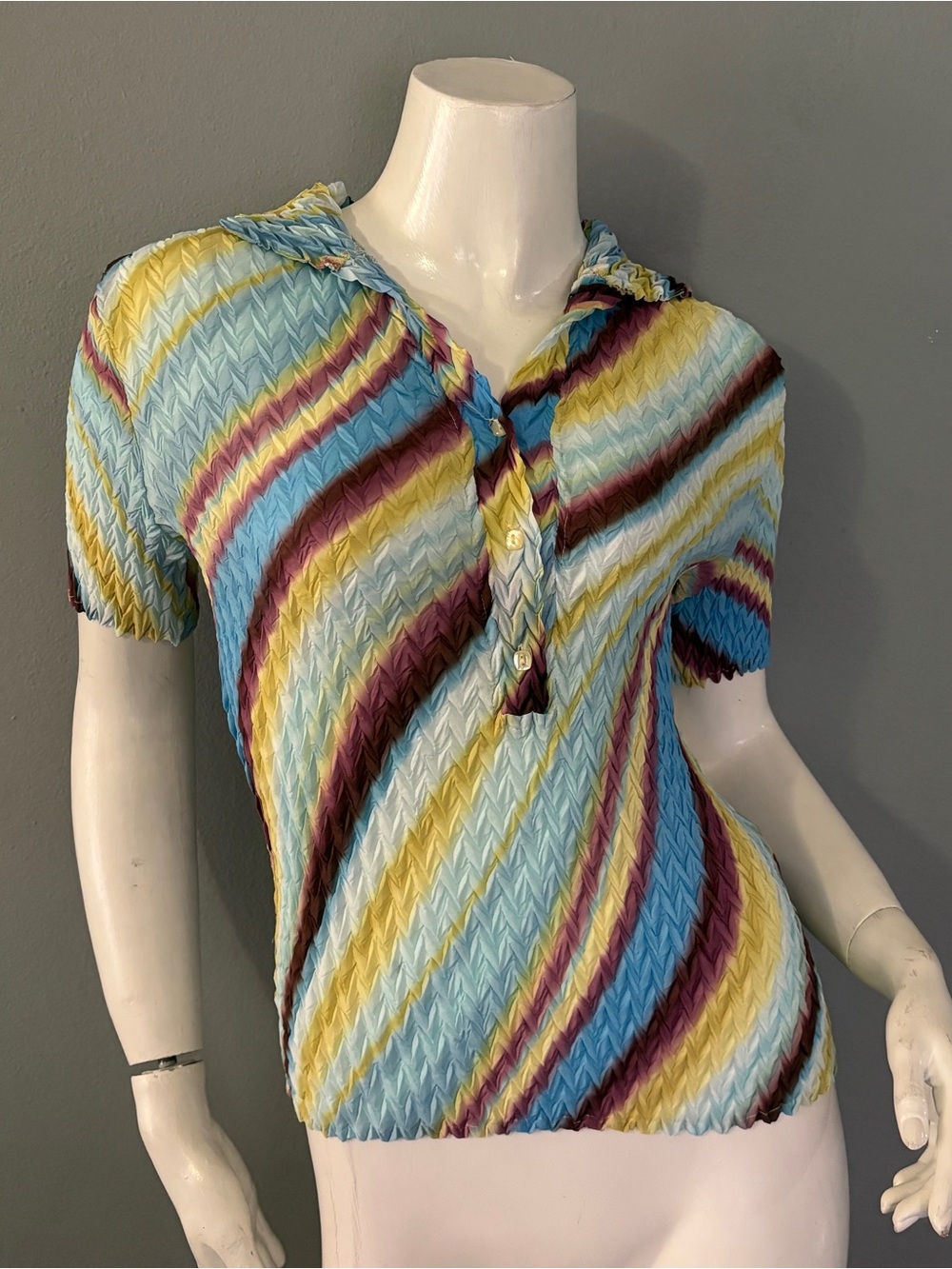 Komarov Multi-Stripe Short Sleeve Button-Front Top - Blue, Yellow, Purple
